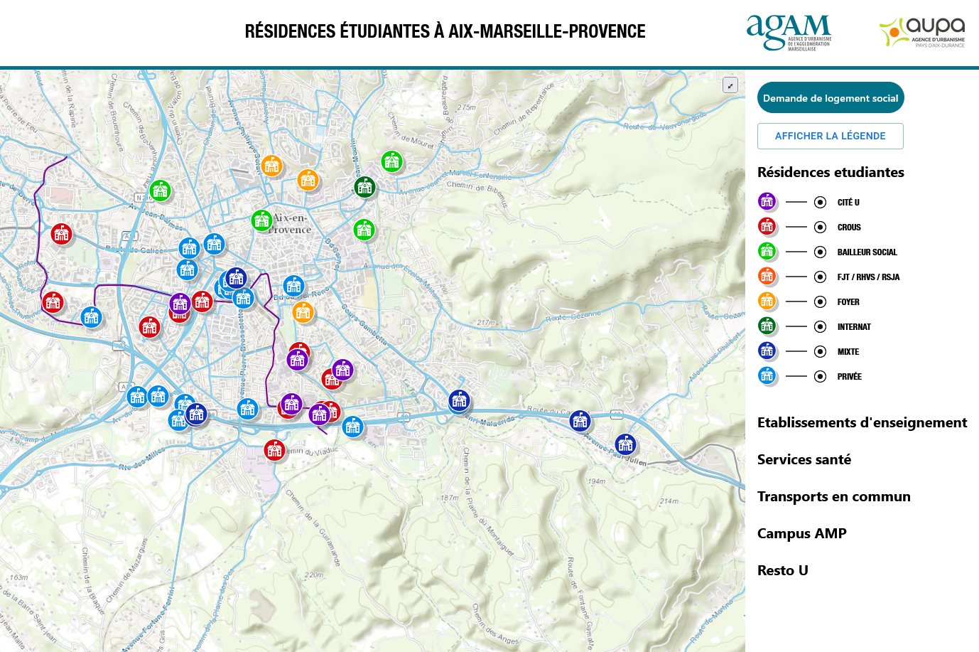 Carte des résidences étudiantes dans la métropole Aix-Marseille-Provence
